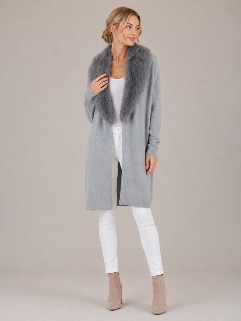 NWT White House Black Market Faux Fur Collar Duster Heather Smoked Pearl #A1651 - Picture 1 of 10